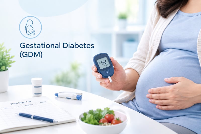 Pregnant woman checking blood sugar for gestational diabetes