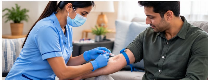 Technician collecting a blood sample at home